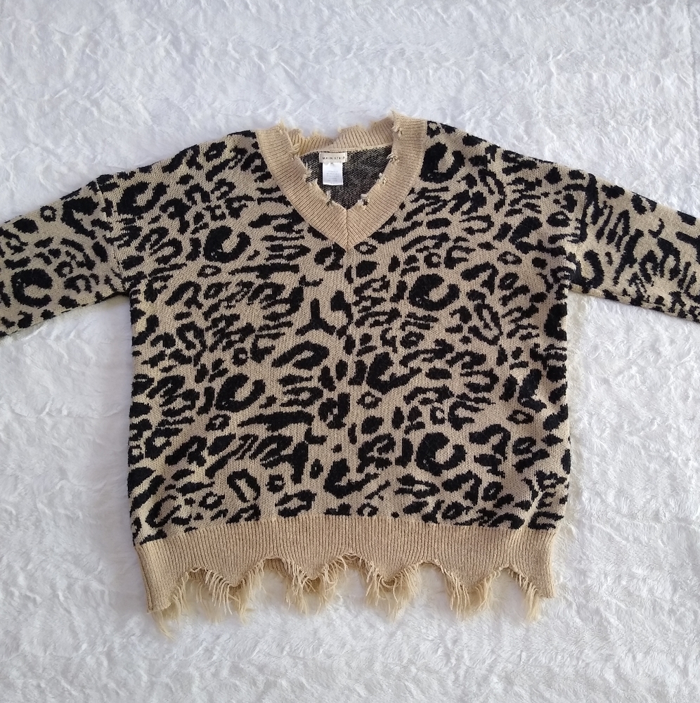 Main Strip Distressed Leopard Sweater